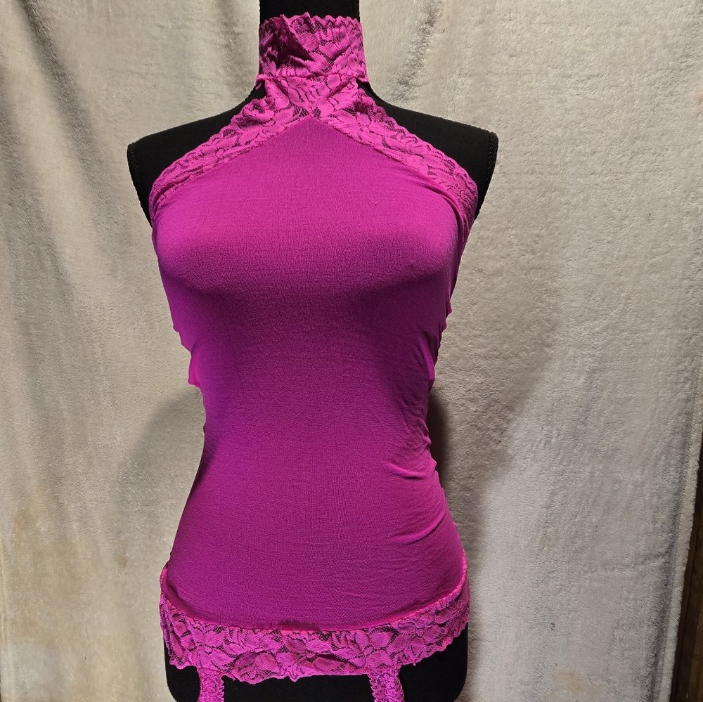 HOT PINK, NYLON & LACE, W/ ATTACHED CHOCKER & STOCKINGS EVENING OUTFIT